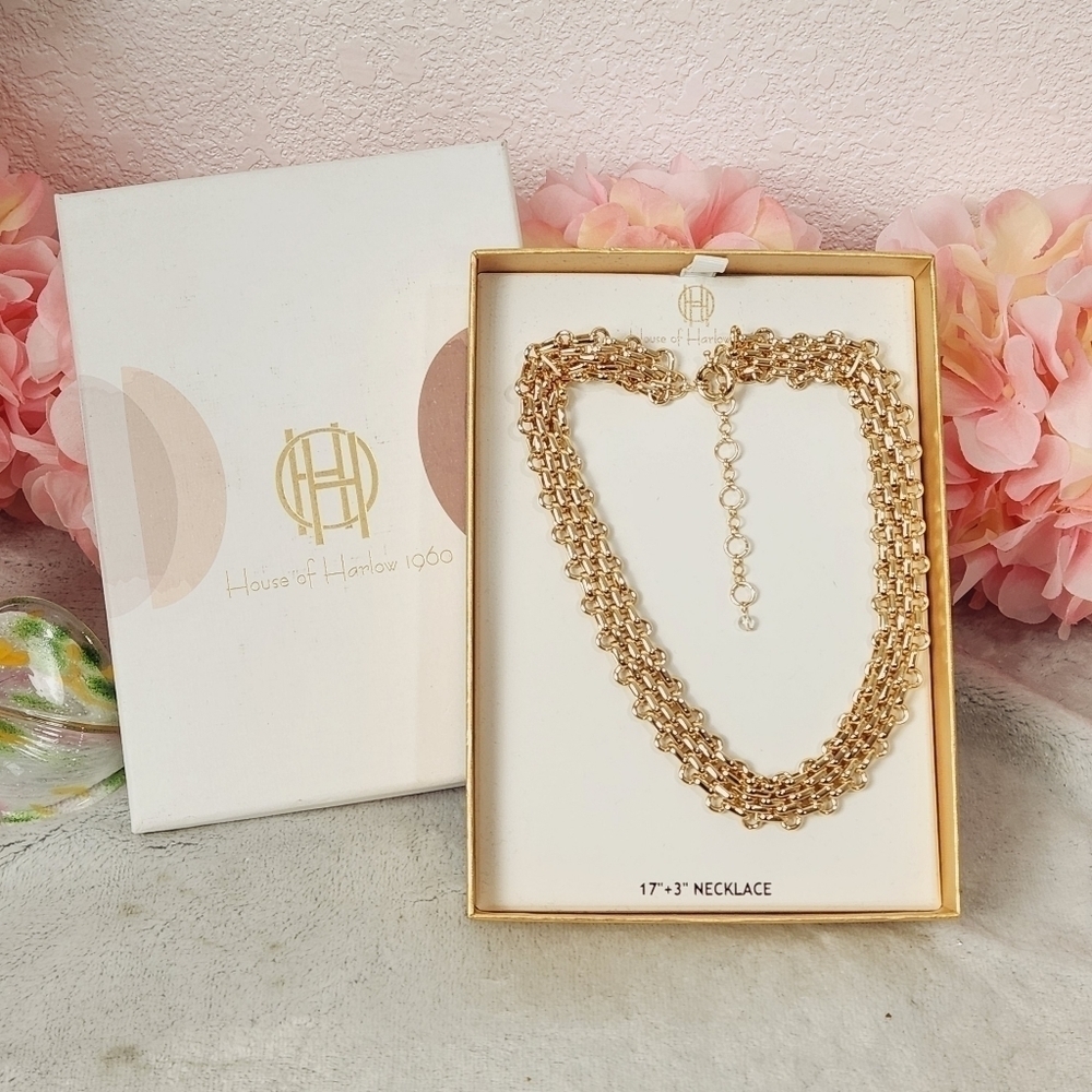 HOUSE Of Harlow 1960 Gold Chain Choker 17 "With 3" Necklace  3/4 In. Wide NIB - Picture 3 of 9